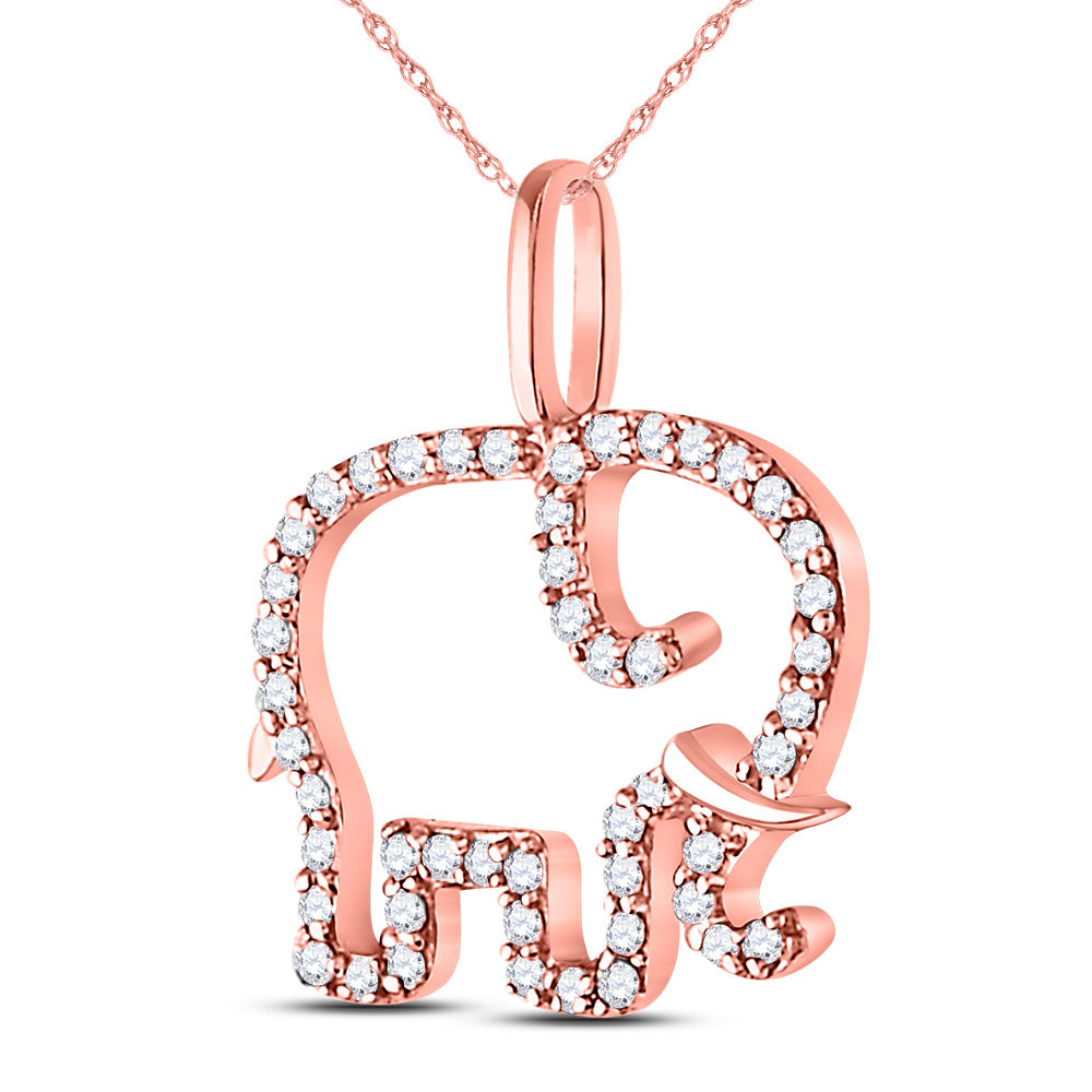 10K Rose Gold Womens Round Diamond Elephant Animal Pendant 1/6 Cttw