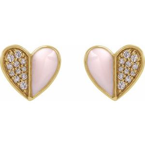 14K Yellow Gold Round 1.2 Mm 1/10 Ctw Natural Diamond Pink Enamel Heart Earrings