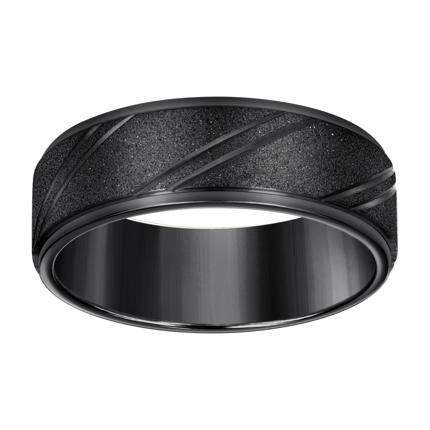 Stainless Steel Black-tone Men's Stone Finish Grooved Comfort-Fit Bridal Anniversary Engagement Wedding Band 8mm