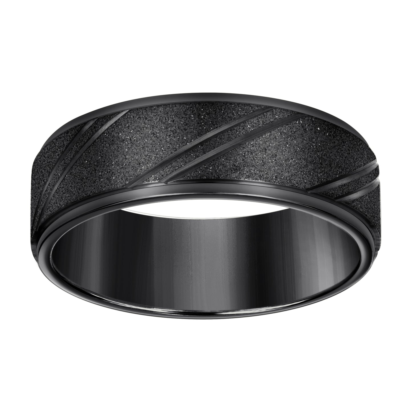 Stainless Steel Black-tone Men's Stone Finish Grooved Comfort-Fit Bridal Anniversary Engagement Wedding Band 8mm