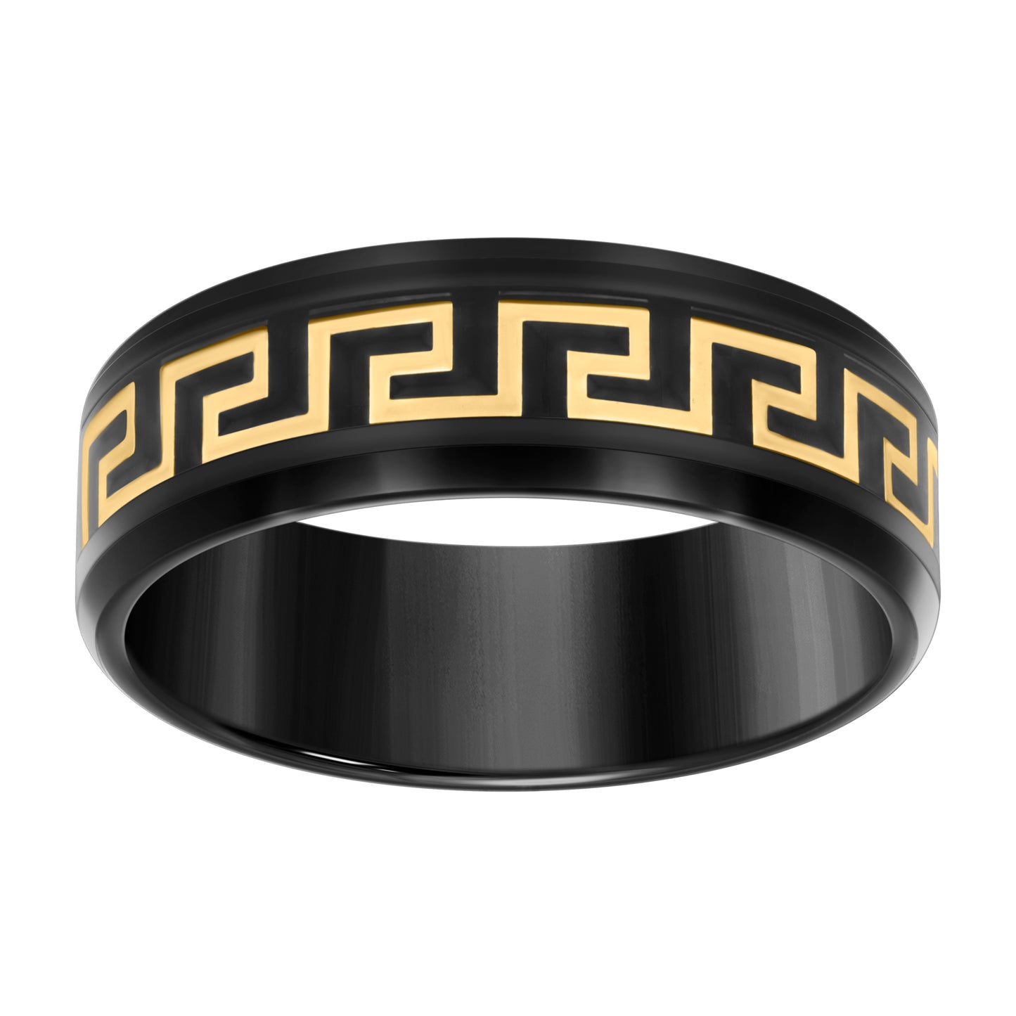 Stainless Steel Yellow & Black-tone Mens Greek Key Inlay Comfort-Fit Bridal Anniversary Engagement Wedding Band 8mm
