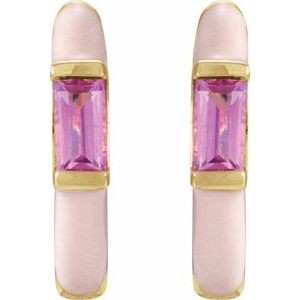 14K Yellow Gold Pair Straight Baguette Shape 3.5 X 1.8Mm Natural Pink Tourmaline And Pink Enamel Hinged Hoop Earrings, Length: 11 Mm, Thickness: 2.1 Mm