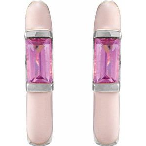 14K White Gold Pair Straight Baguette Shape 3.5 X 1.8 Mm Natural Pink Tourmaline And Pink Enamel Hinged Hoop Earrings, Length: 11 Mm, Thickness: 2.1 Mm