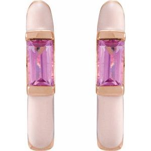 14K Rose Gold Pair Straight Baguette Shape 3.5 X 1.8 Mm Natural Pink Tourmaline And Pink Enamel Hinged Hoop Earrings, Length: 11 Mm, Thickness: 2.1 Mm