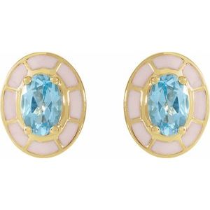 14K Yellow Gold Oval Shape 6 X 4 Mm Natural Sky Blue Topaz And White Enamel 4-Prong Stud Earrings