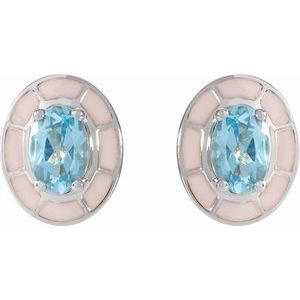 14K White Gold Oval Shape 6 X 4 Mm Natural Sky Blue Topaz And White Enamel 4-Prong Stud Earrings
