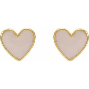14K Yellow Gold 5.88 Mm Pink Enamel Friction Back Heart Stud Earrings