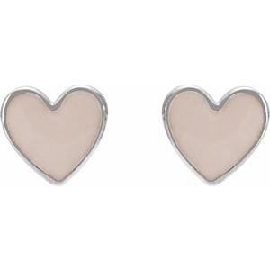14K White Gold 5.88 Mm Pink Enamel Friction Back Heart Stud Earrings