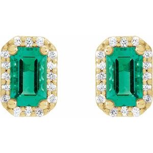 14K Yellow Gold Emerald 5 X 3 Mm Lab-Grown Emerald And .07 Ctw Natural Diamond Halo-Style Earrings