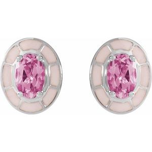 14K White Gold Oval Shape 6 X 4 Mm Natural Pink Tourmaline And Pink Enamel 4-Prong Stud Earrings