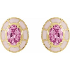 14K Yellow Gold Oval Shape 6 X 4 Mm Natural Pink Tourmaline And Pink Enamel 4-Prong Stud Earrings