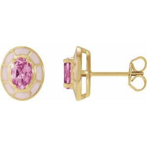 14K Yellow Gold Oval Shape 6 X 4 Mm Natural Pink Tourmaline And Pink Enamel 4-Prong Stud Earrings
