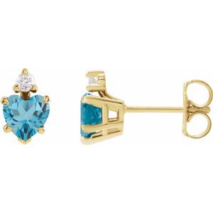 14K Yellow Gold Heart 5 X 5 Mm Natural London Blue Topaz And .06 Ctw Natural Diamond 5-Claw Prong Earrings