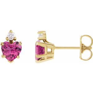 14K Yellow Gold Heart 5 X 5 Mm Natural Pink Tourmaline And .06 Ctw Natural Diamond 5-Claw Prong Earrings