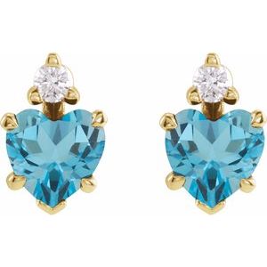 14K Yellow Gold Heart 5 X 5 Mm Natural London Blue Topaz And .06 Ctw Natural Diamond 5-Claw Prong Earrings