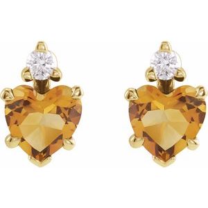 14K Yellow Gold Heart 5 X 5 Mm Natural Citrine And .06 Ctw Natural Diamond 5-Claw Prong Earrings