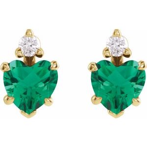14K Yellow Gold Heart 5 X 5 Mm Lab-Grown Emerald And .06 Ctw Natural Diamond 5-Claw Prong Earrings
