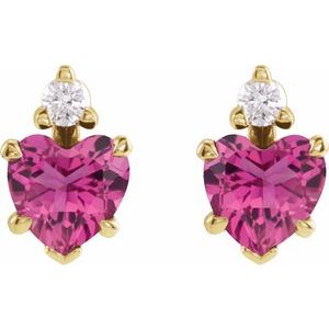 14K Yellow Gold Heart 5 X 5 Mm Natural Pink Tourmaline And .06 Ctw Natural Diamond 5-Claw Prong Earrings