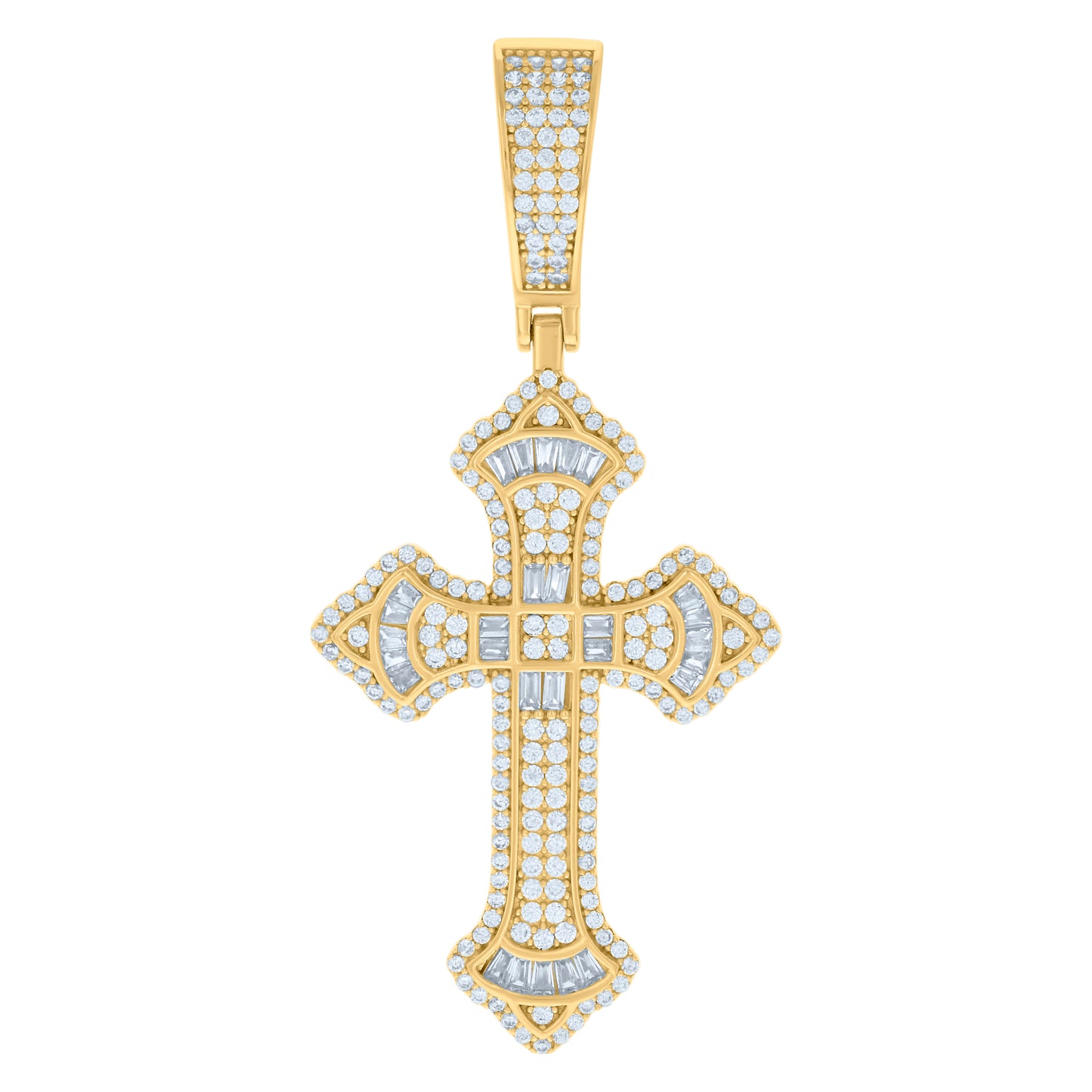 Sterling Silver Mens Baguette Round Cubic-Zirconia Cross Religious Charm Pendant