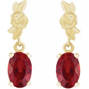 14K Yellow Gold Oval 6 X 4 Mm Lab Grown Ruby Floral Dangle Earrings