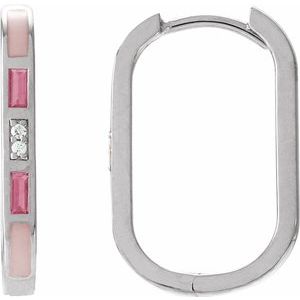 14K White Gold Straight BaguettePair Polished 19.6 X 12.5 Mm Natural Pink Tourmaline And 3 X 1.5Mm :: 0.025 Ctw Natural Diamond Hinged Hoop Earrings, Thickness: 2.3 Mm