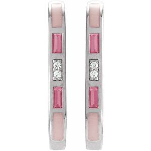14K White Gold Straight BaguettePair Polished 19.6 X 12.5 Mm Natural Pink Tourmaline And 3 X 1.5Mm :: 0.025 Ctw Natural Diamond Hinged Hoop Earrings, Thickness: 2.3 Mm