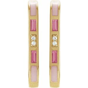 14K Yellow Gold Straight BaguettePair Polished 19.6 X 12.5 Mm Natural Pink Tourmaline And 3 X 1.5Mm :: 0.025 Ctw Natural Diamond Hinged Hoop Earrings, Thickness: 2.3 Mm