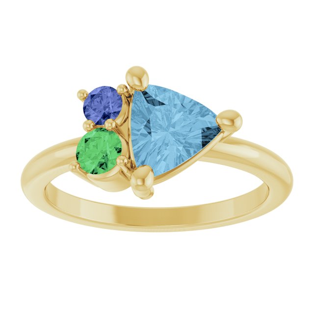 14K Yellow Gold Trillion 7 X 7 X 7 Mm Polished Multi-Gemstone Cluster Ring, Size 7