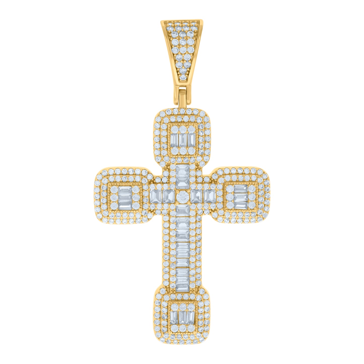Sterling Silver Mens Baguette Round Cubic-Zirconia Cross Religious Charm Pendant