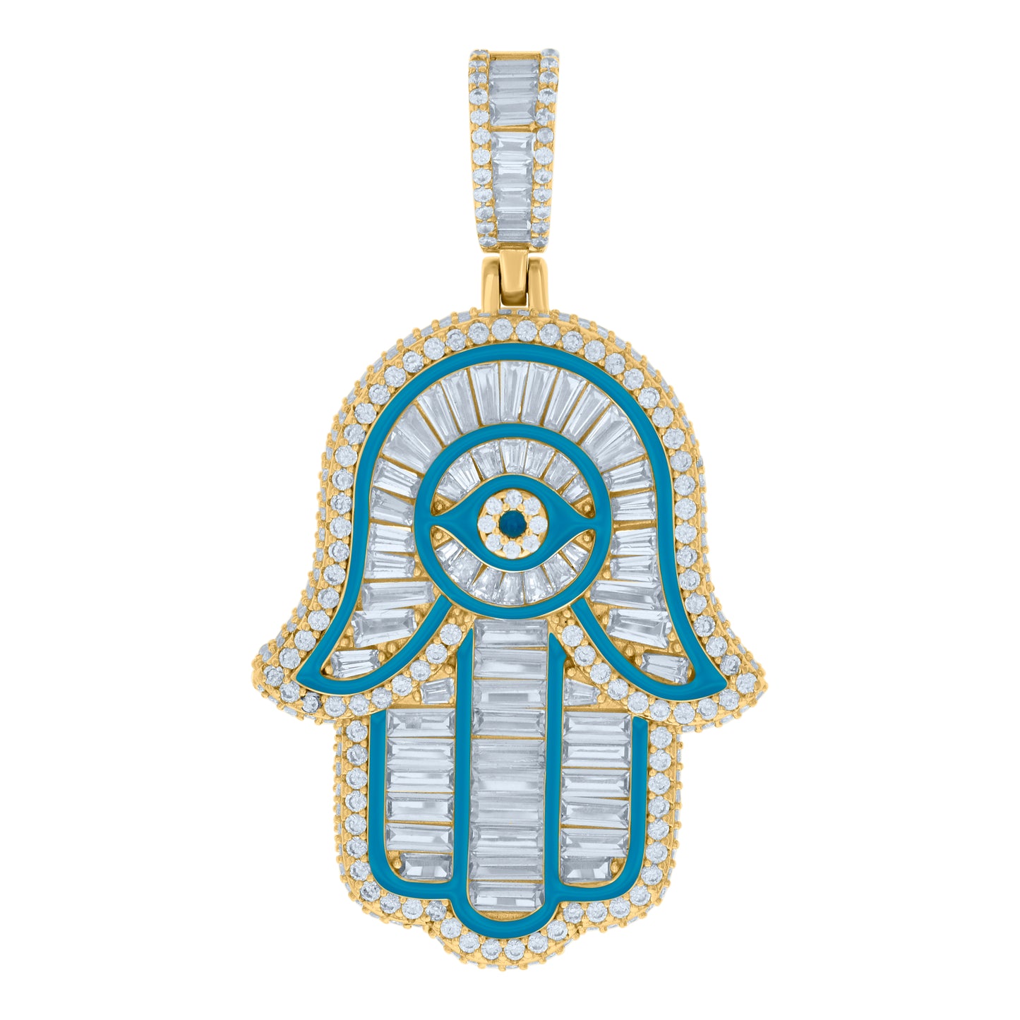 Sterling Silver Mens Baguette Round Cubic-Zirconia Blue Enamel Hamsa Symbol Religious Pendant