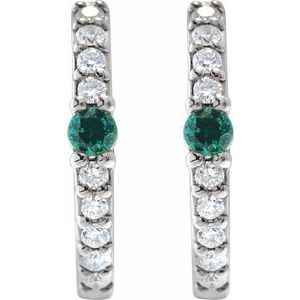 14K White Gold Pair Round Shape 2Mm I1, Gh Natural Emerald And 1/8 Ctw Natural Diamond Huggie Earrings, Length: 13.6 Mm, Thickness: 2 Mm