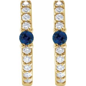 14K Yellow Gold Pair Round Shape 2Mm I1, Gh Natural Blue Sapphire And 1/8 Ctw Natural Diamond Huggie Earrings, Length: 13.6 Mm, Thickness: 2 Mm