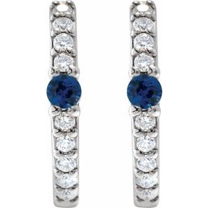 14K White Gold Pair Round Shape 2Mm I1, Gh Lab-Grown Blue Sapphire And 1/8 Ctw Natural Diamond Huggie Earrings, Length: 13.6 Mm, Thickness: 2 Mm