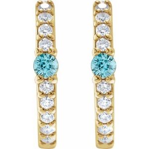14K Yellow Gold Pair Round Shape 2Mm I1, Gh Natural Blue Zircon And 1/8 Ctw Natural Diamond Huggie Earrings, Length: 13.6 Mm, Thickness: 2 Mm