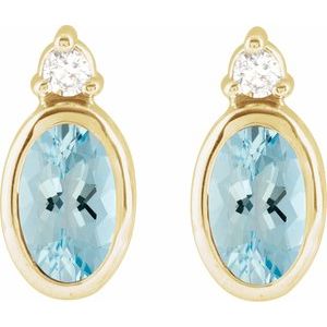 14K Yellow Gold Oval 5 X 3 Mm Natural Aquamarine And .03 Ctw Natural Diamond Earrings