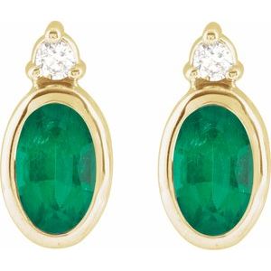 14K Yellow Gold Oval 5 X 3 Mm Lab-Grown Emerald And .03 Ctw Natural Diamond Earrings