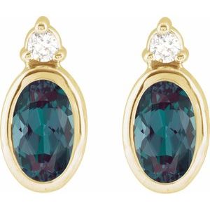 14K Yellow Gold Oval 5 X 3 Mm Lab-Grown Alexandrite And .03 Ctw Natural Diamond Earrings