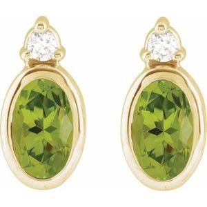 14K Yellow Gold Oval 5 X 3 Mm Natural Peridot And .03 Ctw Natural Diamond Earrings