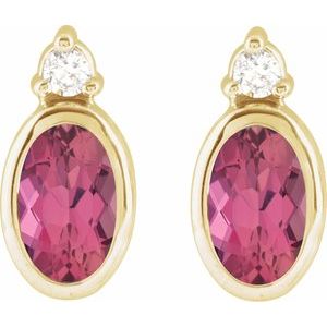 14K Yellow Gold Oval 5 X 3 Mm Natural Pink Tourmaline And .03 Ctw Natural Diamond Earrings
