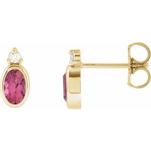 14K Yellow Gold Oval 5 X 3 Mm Natural Pink Tourmaline And .03 Ctw Natural Diamond Earrings
