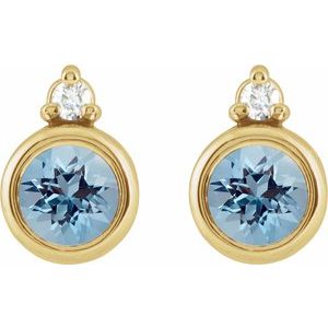 14K Yellow Gold Round 4 Mm Natural Aquamarine And .03 Ctw Natural Diamond Earrings