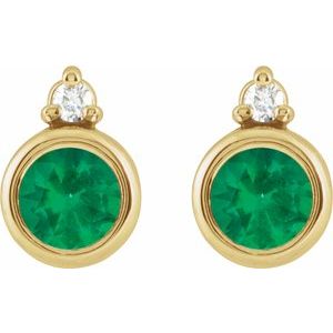 14K Yellow Gold Round 4 Mm Natural Emerald And .03 Ctw Natural Diamond Earrings