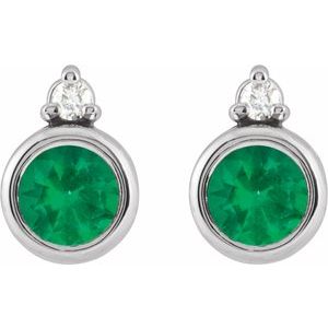 Platinum Round 4 Mm Lab-Grown Emerald And .03 Ctw Natural Diamond Earrings