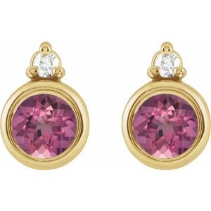 14K Yellow Gold Round 4 Mm Natural Pink Tourmaline And .03 Ctw Natural Diamond Earrings