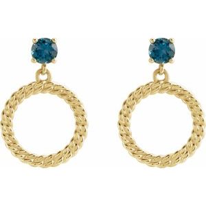 14K Yellow Gold Round 4 Mm Natural London Blue Topaz Chain Link Earrings