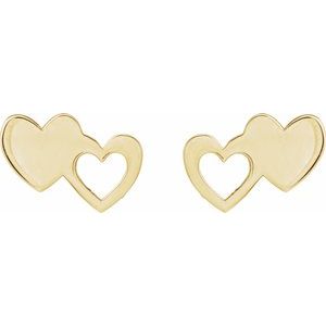 14K Yellow Gold 8.5 X 6 Mm Pair Friction Backs Polished Double Heart Stud Earrings