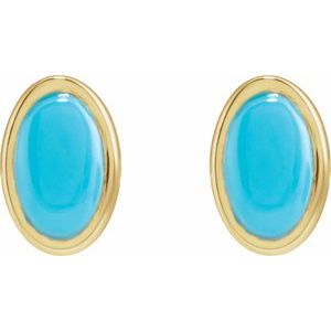 14K Yellow Gold Oval Shape 5 X 3 Mm Natural Cabochon Turquoise Bezel Earrings