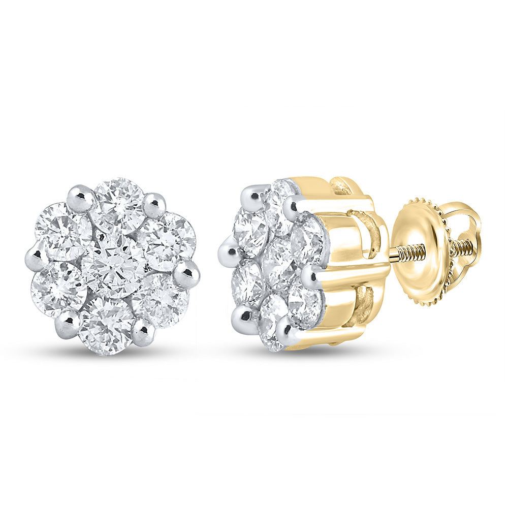 14K White Or Yellow Gold Womens Round Diamond Flower Cluster Earrings