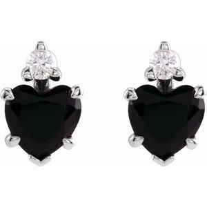 14K White Gold Heart 6 X 6 Mm Natural Onyx And .06 Ctw Natural Diamond 5-Claw Prong Earrings