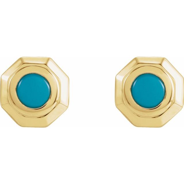 14K Yellow Gold 4 Mm Round Friction Back Polished Natural Turquoise Cabochon Stud Earrings